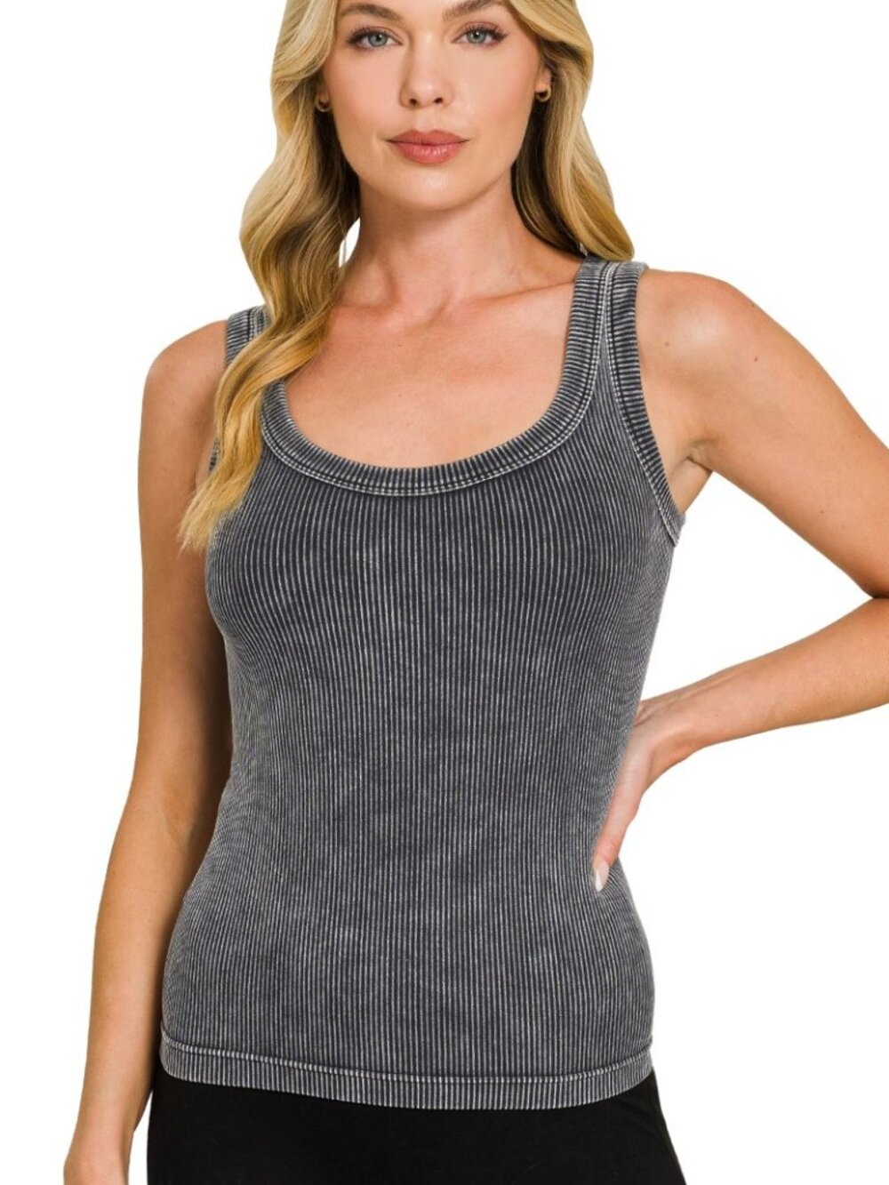 BB105 |  Two Way Neckline Washed Ribbed Seamless Tank Top - Black